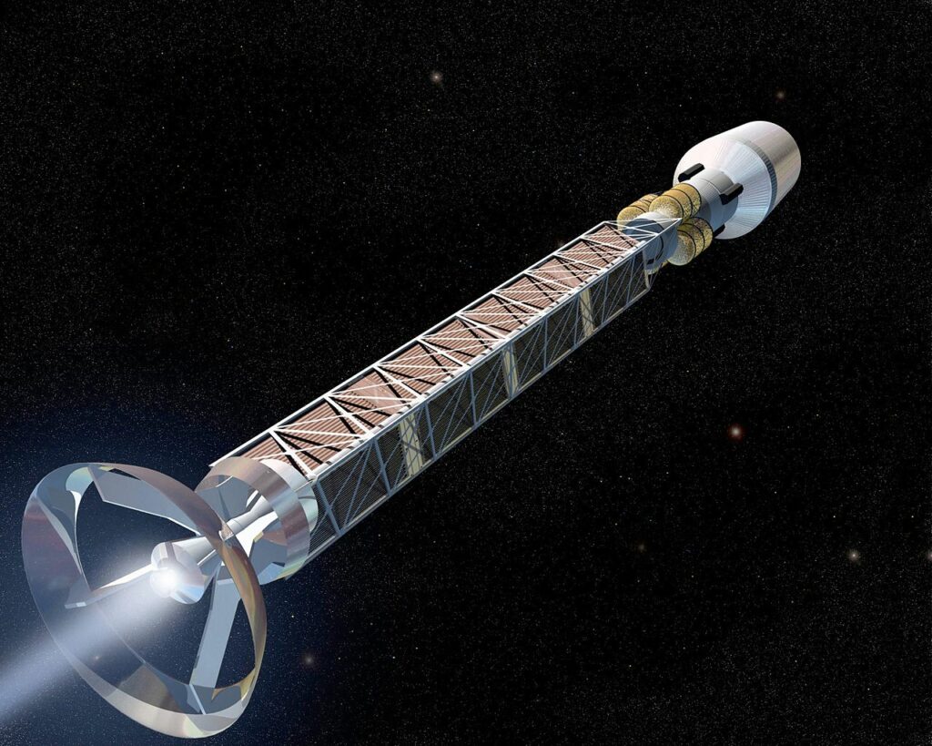 Při evakuační cestě ke hvězdám by nám jednou mohly pomoci rakety. Pokud nebudou na elektrický pohon, třeba jejich motory budou využívat antihmotu nebo usměrněný tok fotonů. Zdroj obrázku: NASA/MSFC, Public domain, via Wikimedia Commons