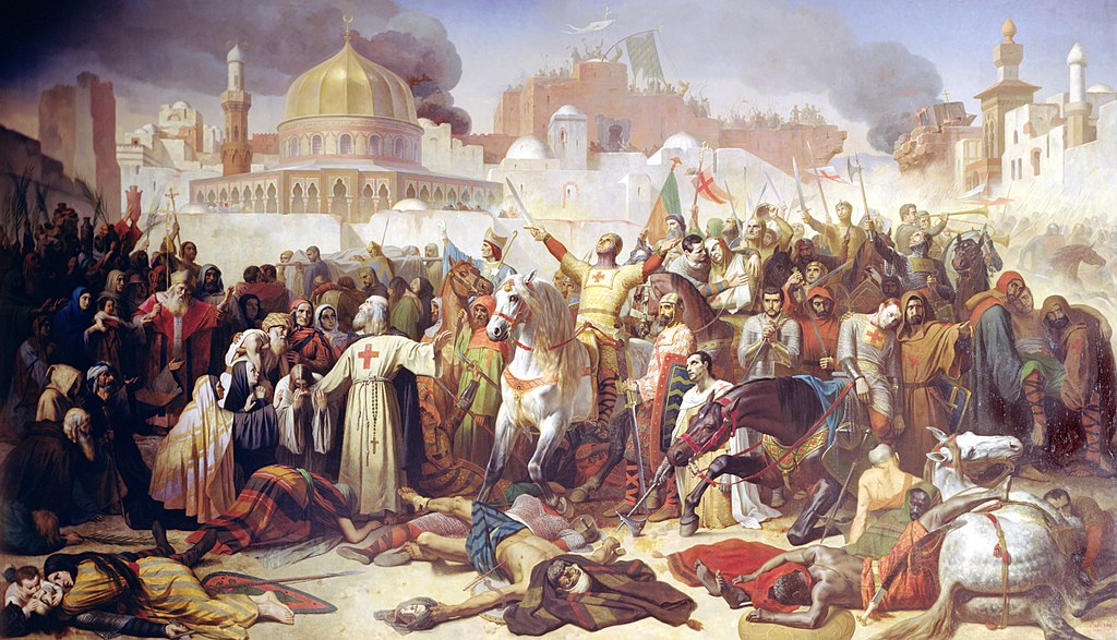 Dobytí Jeruzaléma. Do takovýchto epických obrazů útrapy válečného tažení a pach krve příliš nepronikají. Zdroj obrázku:   Émile Signol, Public domain, via Wikimedia Commons