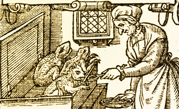 Dřevoryt čarodějnice krmící impy. FOTO: Unknown source, Public domain, via Wikimedia Commons