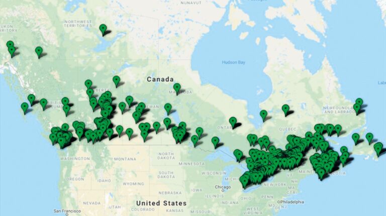 Mapa pozorování objektů v Kanadě