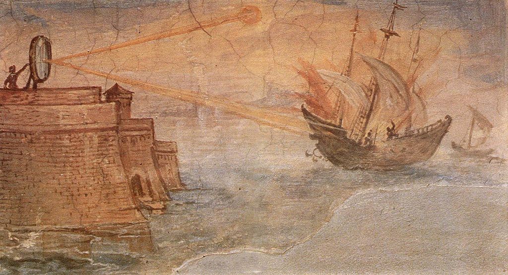 Archimédův tepelný paprsek v představě malíře v závěru 16. století. Zdroj obrázku: Giulio Parigi, Public domain, via Wikimedia Commons