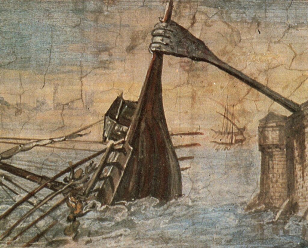 Zařízení zvané Archimédův dráp mělo být schopné zachytit a převrátit nepřátelské plavidlo. Zdroj obrázku: Giulio Parigi, Public domain, via Wikimedia Commons