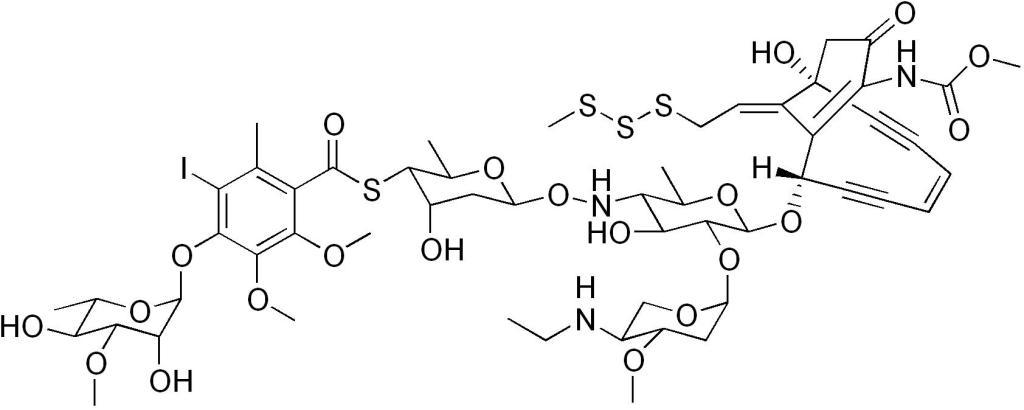 Komplikovaný vzorec calicheamicinu. Zdroj obrázku:  Edgar181, Public domain, via Wikimedia Commons
