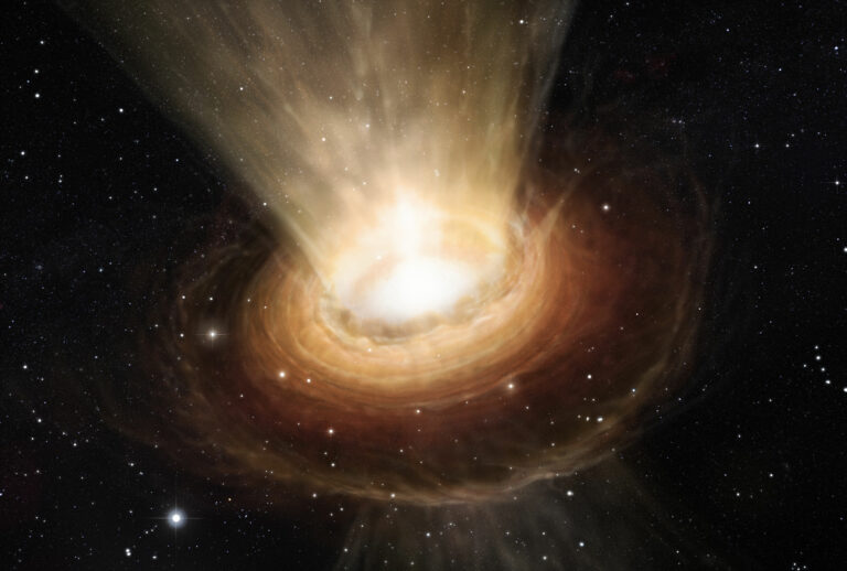 Poloměr černé díry je přímo úměrný k její hmotnosti. Černá díra je kulovitý objekt ohraničený horizontem událostí, její objem vzrůstá s třetí mocninou její hmotnosti. Hustota se vypočítá jako podíl hmotnosti ku objemu tělesa, takže se vzrůstající hmotností se hustota černé díry snižuje. ESO/M. Kornmesser - CC BY 4.0