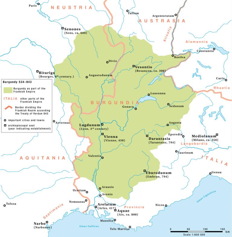 Burgundsko jako součást Francké říše. Zdroj obrázku:   Marco Zanoli, CC BY-SA 4.0 , via Wikimedia Commons