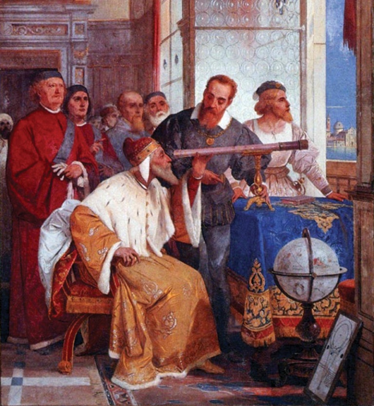 Benátský dóže „testuje“ dalekohled Galilea Galileiho. Existovala podobná scéna i u starověkých Asyřanů? Zdroj obrázku:   Giuseppe Bertini, Public domain, via Wikimedia Commons