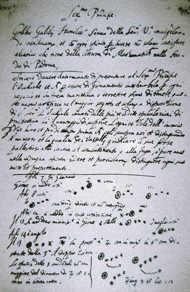 Originální poznámky psané rukou slavného astronoma. Zdroj obrázku: Galileo Galilei, Public domain, via Wikimedia Commons