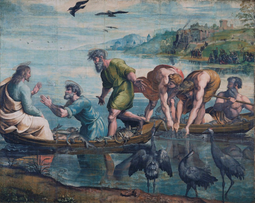 Kristus s učedníky při chytání ryb. Zdroj obrázku:  Raphael, Public domain, via Wikimedia Commons