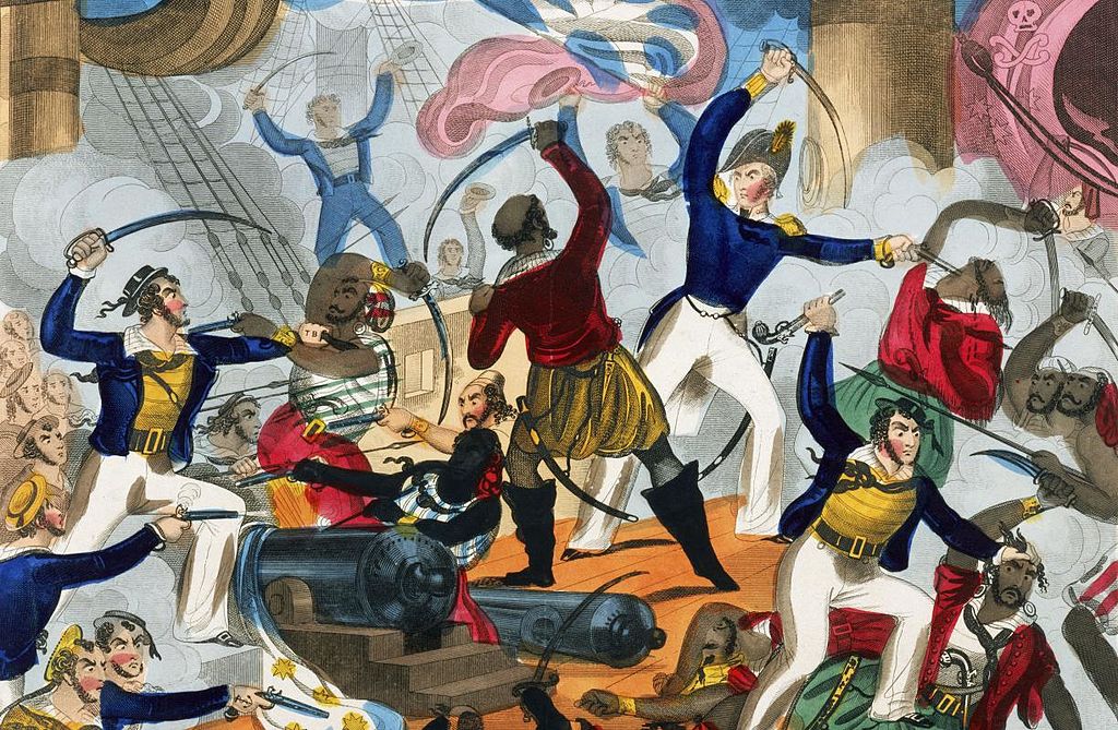 Boj Britů se severoafrickými piráty. Zdroj obrázku: John Fairburn (1793–1832), Public domain, via Wikimedia Commons
