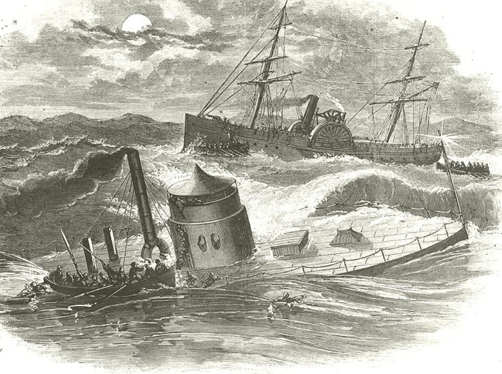 Oblast, kde škuner najel na mělčinu, je obávaným „Hřbitovem  Atlantiku“. Špatně se zde vedlo i americké bitevní lodi USS Monitor v roce 1862. Zdroj obrázku: Harper's Magazine, Public domain, via Wikimedia Commons