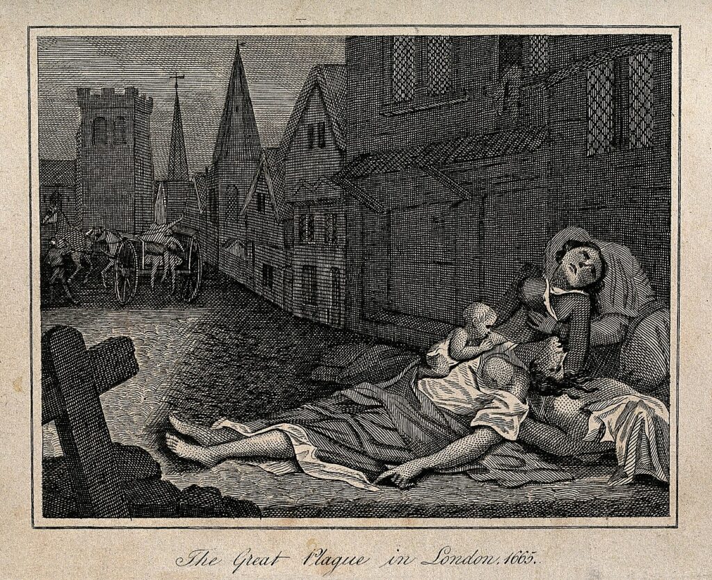 Dvě mrtvé ženy a dítě, oběti velkého londýnského moru. FOTO: neznámý autor / Creative Commons / volné dílo 