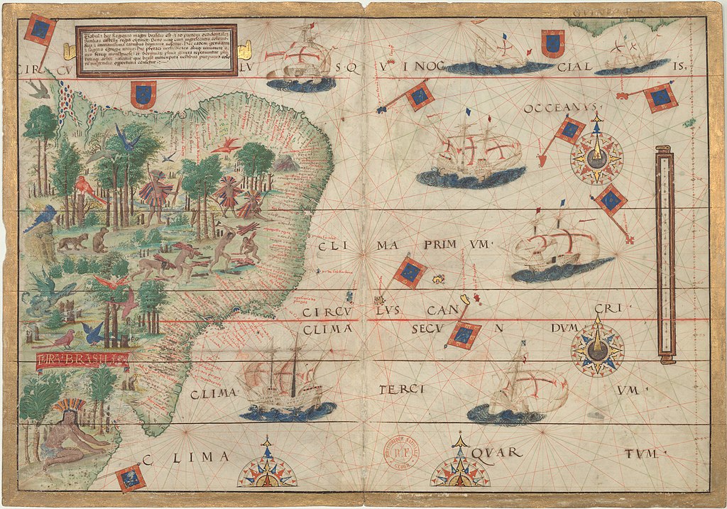 Historická mapa brazilského  pobřeží. Zdroj obrázku:  Lopo Homem, Public domain, via Wikimedia Commons
 
