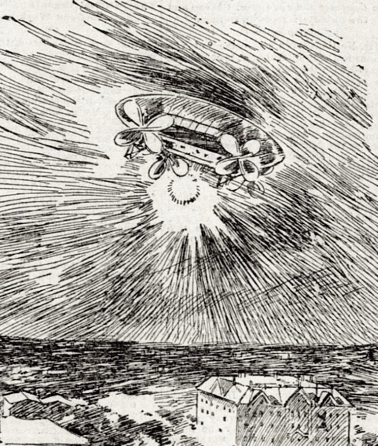 Tako lidé na konci 19. století popisovali přízračné vzducholodě. Zdroj obrázku: Unknown author, Public domain, via Wikimedia Commons

