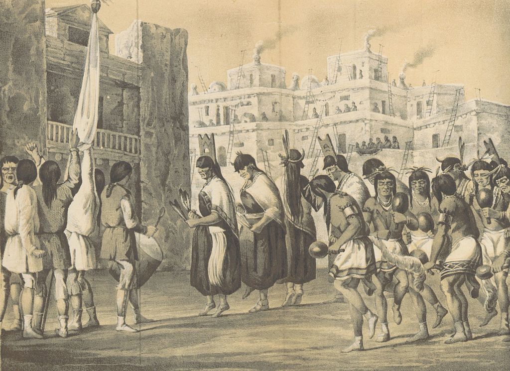 Ïndiáni kmene Zuni na dobovém vyobrazení z roku 1850. Zdroj obrázku:  The British Library, Public domain, via Wikimedia Commons

 
