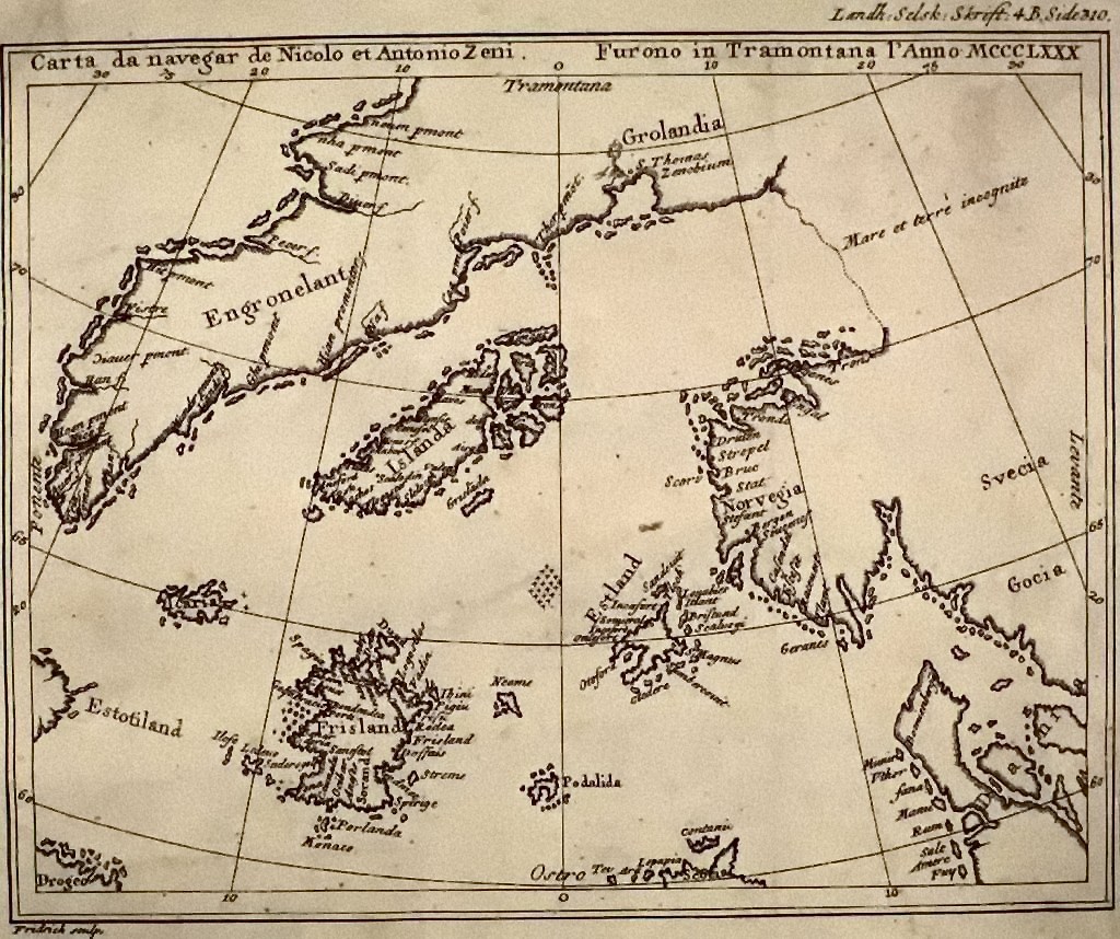 Touto mapou „odstartoval“ Nicolo Zeno sto let trvající oficiální existenci ostrova Frisland. Zdroj obrázku:  Nicolo Zeno, Public domain, via Wikimedia Commons

 
