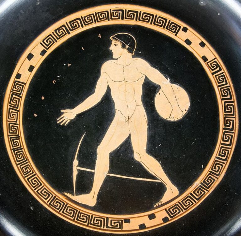 Dekorativní malba antického sportovce s diskem. Zdroj obrázku: Louvre Museum, Public domain, via Wikimedia Commons