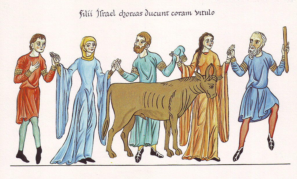 Zlaté tele je příběhem z nejstarších dějin judaismu. Zdroj obrázku:  Herrad of Landsberg  (c. 1130 – July 25, 1195), Public domain, via Wikimedia Commons