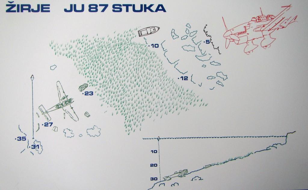 Nálezová situace vraku Ju-87 s vyznačením hloubek v jednotlivých částech lokality. Reprofoto prezentačního panelu Diving center Tramonto, Tisno, Croatia. Foto autor   