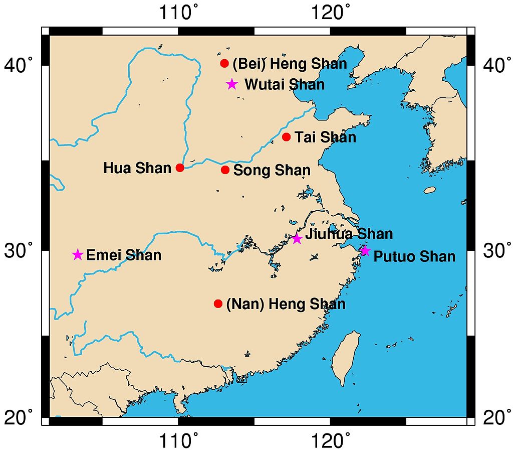 Mapa posvátných hor Číny – červené tečky označují Pět velkých hor. FOTO: Pufacz / Creative Commons / CC BY-SA 3.0