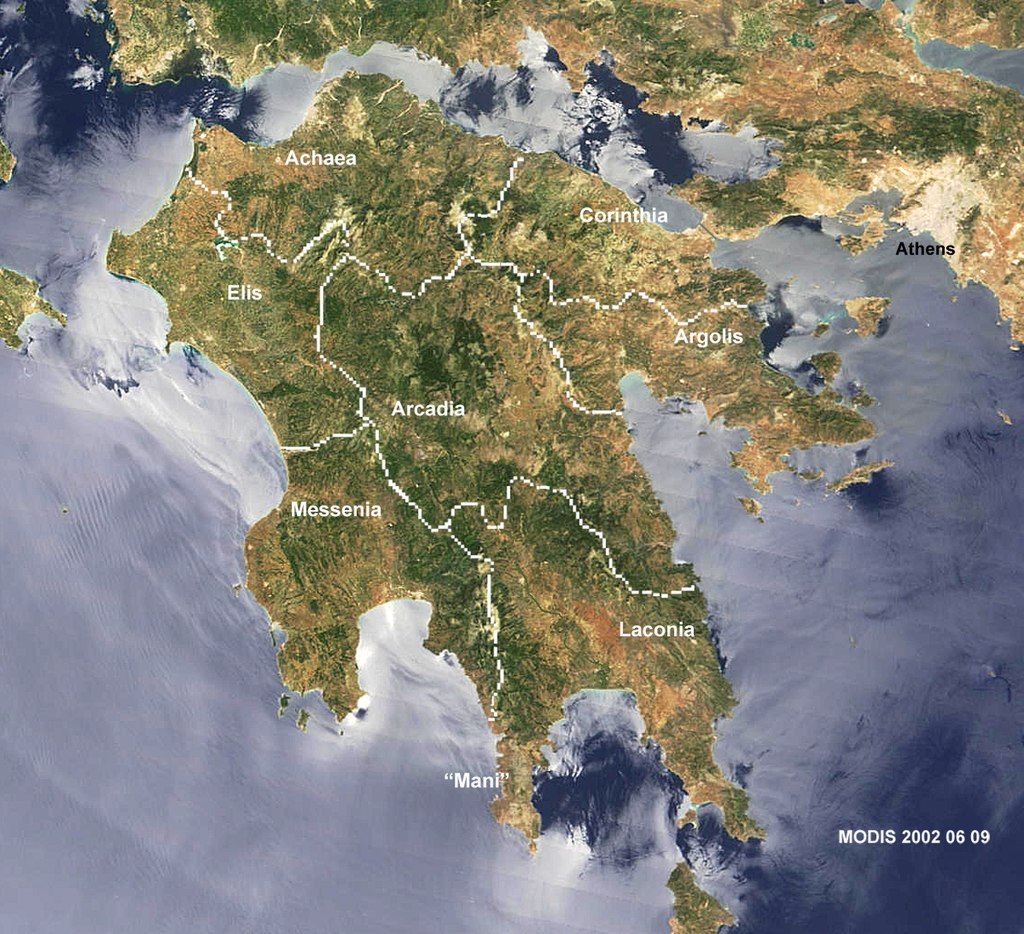 Satelitní snímek Peloponésu. FOTO:  NASA-MODIS-Project Blue Marble / Creative Commons / Volné dílo