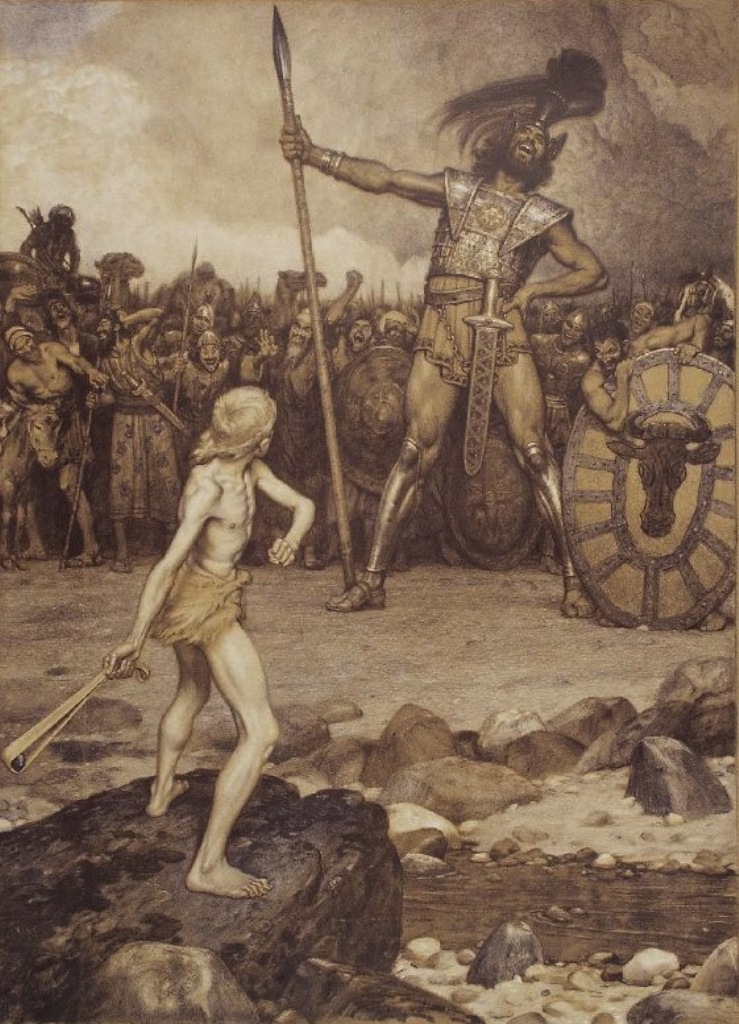 Obr Goliáš údajně patřil mezi potomky bytostí Nephilim. Zdroj obrázku: Osmar Schindler (1869-1927), Public domain, via Wikimedia Commons