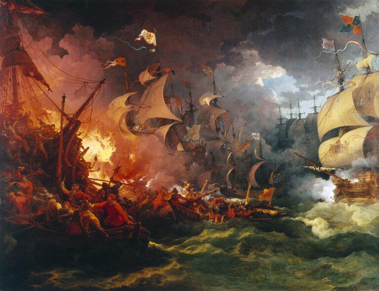 Neslavný konec španělské flotily známé jako Armada. Zdroj obrázku: Philip James de Loutherbourg, Public domain, via Wikimedia Commons