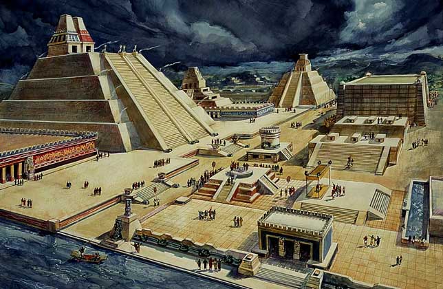 Pyramidy v hlavním městě Tenochtitlánu, kde žilo při příchodu Španělů 300 tisíc lidí, byly centrem rituálních obřadů. FOTO: Diego rivera, Public domain, via Wikimedia Commons