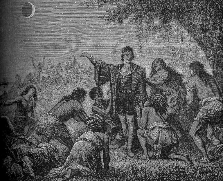 Kolumbus byl hluboce věřící katolík. Jeho víra však dobře koexistovala s vědou. Na historickém vyobrazení je Kolumbus zachycen, jak domorodým obyvatelům předpovídá zatmění Měsíce. Zdroj obrázku: Camille Flammarion, Public domain, via Wikimedia Commons