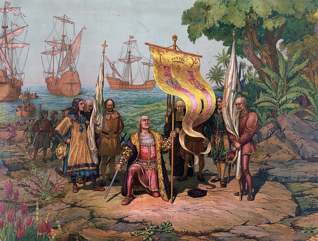 Výprava Kryštofa Kolumba vstupuje na americký kontinent. Zdroj obrázku:  L. Prang & Co., Boston, Public domain, via Wikimedia Commons