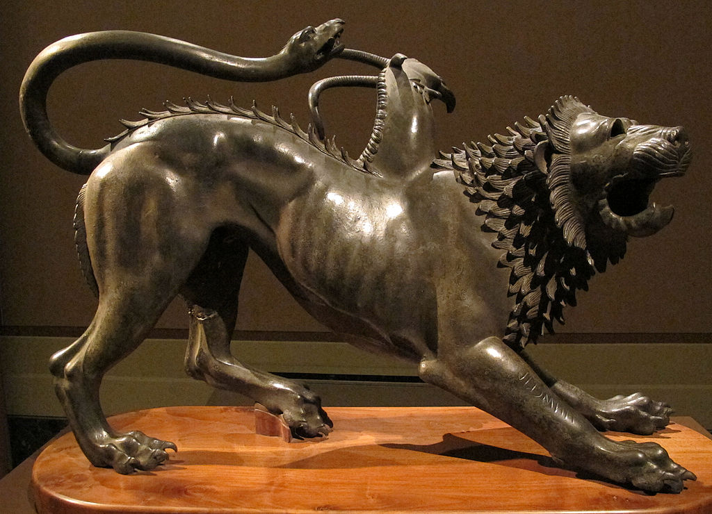 Chiméra byla hybridní zvíře složené obvykle ze lva, kozy a hada. Zdroj foto:    I, Sailko, CC BY-SA 3.0 , via Wikimedia Commons