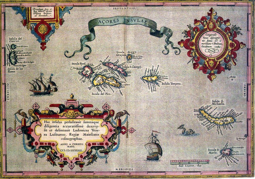 Existence  Azorských ostrovů zůstávala Evropanům dlouho utajena. Do map se dostaly až  s objevitelskými plavbami. Zdroj foto:  Abraham Ortelius, Public domain, via Wikimedia Commons

