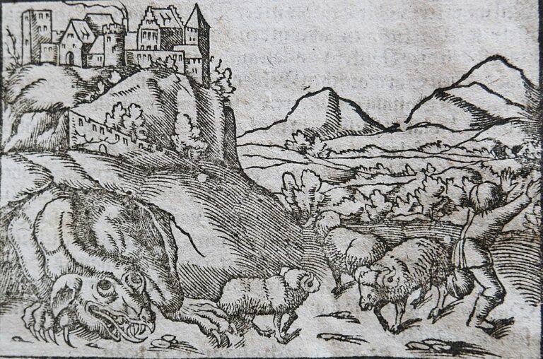 Středověká rytina zobrazující řádění wawelského draka. Zdroj obrázku: Sebastian Münster, Public domain, via Wikimedia Commons