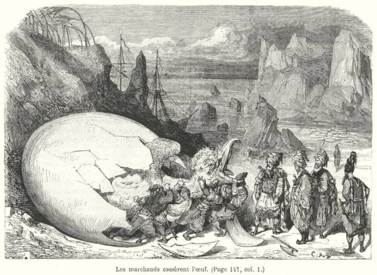 Pták Roc se objevil i v ilustracích k příběhům námořníka Sindibáda z pohádek Tisíce a jedné noci. Zdroj obrázku: Gustave Doré, Public domain, via Wikimedia Commons