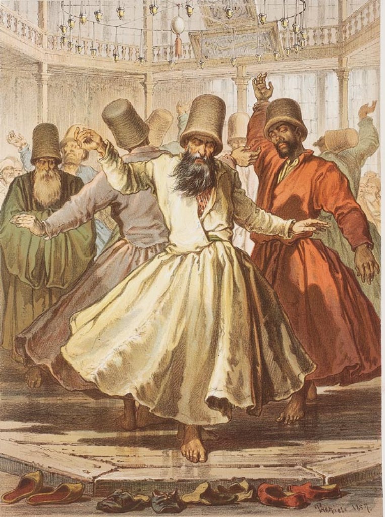Tanec dervišů. Zdroj obrázku:  Amedeo Preziosi, Public domain, via Wikimedia Commons