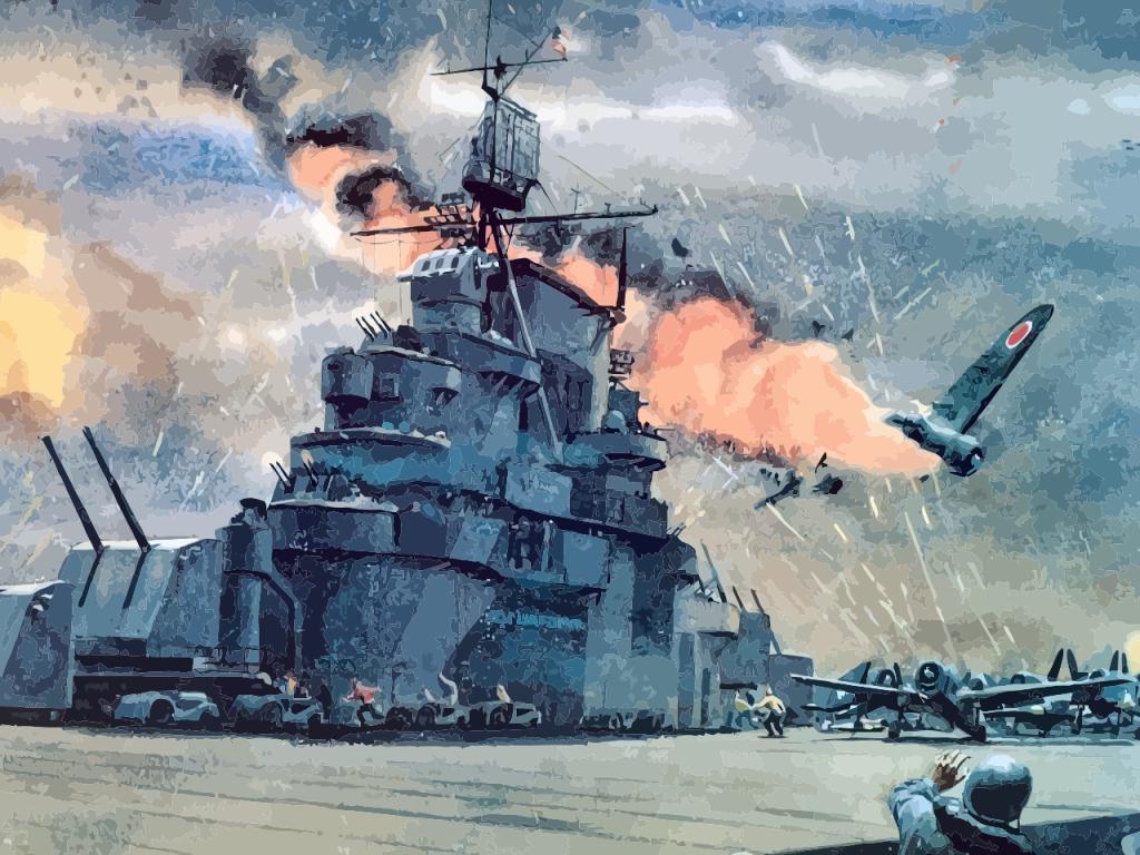 Motiv kamikaze se znovu objevil v období druhé světové  války. Zde měl však především formu sebevražedných útoků japonských pilotů na lodě americké flotily. Zdroj obrázku:    JLanzer, CC BY-SA 4.0 , via Wikimedia Commons