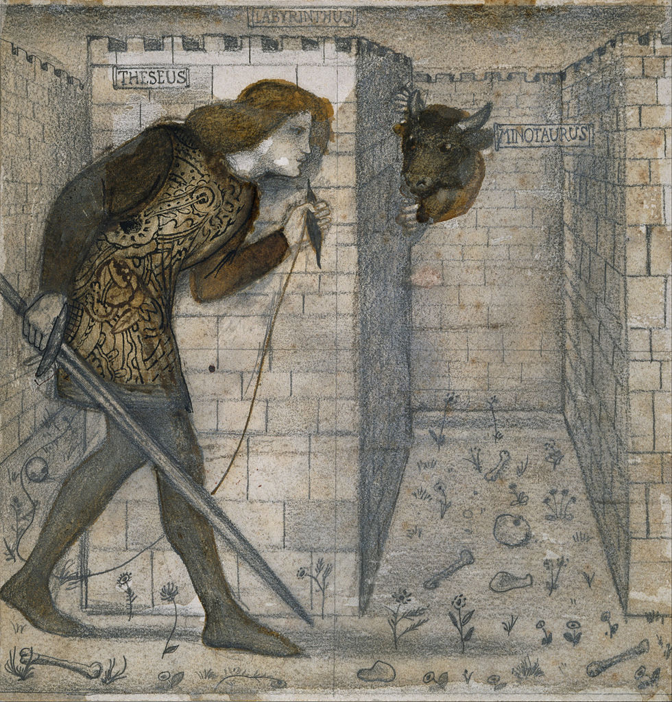 Théseus a Minotaurus v labyrintu. Zdroj obrázku:  Edward Burne-Jones, Public domain, via Wikimedia Commons