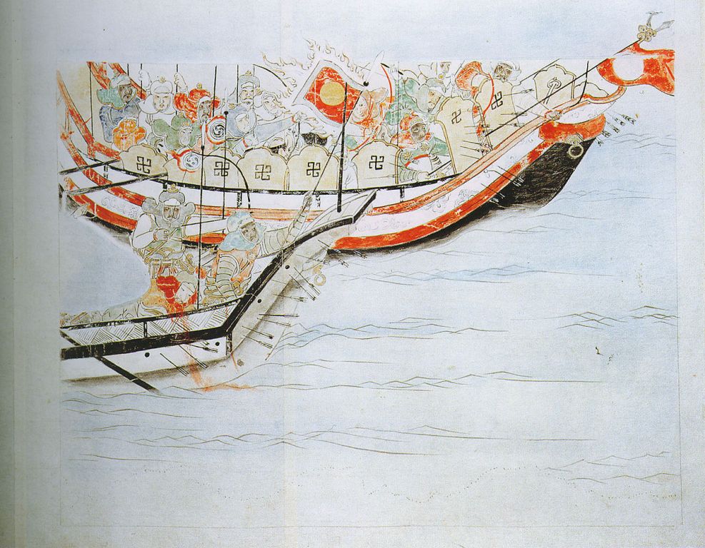 Japonsko-mongolské námořní boje ve 13. století.  Zdroj obrázku:  Fukuda Taika / (of the reproduction) Tokyo National Museum, Public domain, via Wikimedia Commons
 

