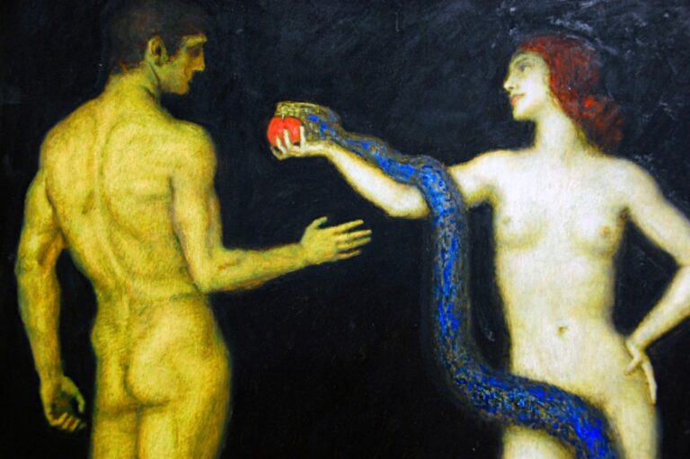 Adam, Eva a had-pokušitel, nebo možná komplikovaný vztahový trojúhelník Adam, Eva, Lilith. Zdroj obrázku: Franz Von Stuck, Public domain, via Wikimedia Commons