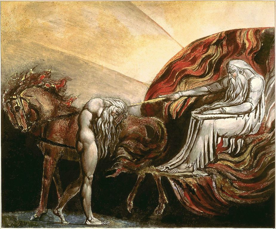 Bůh soudí Adama. Zdroj obrázku:  William Blake, Public domain, via Wikimedia Commons
