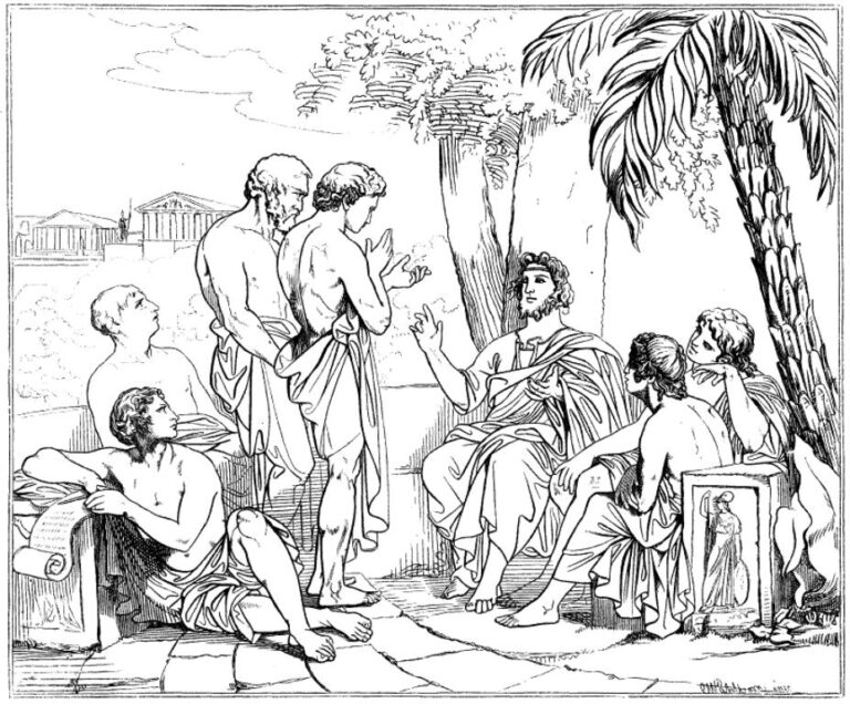 Platón se svými žáky. O čem hovoří? Možná o tajemství Atlantidy… Zdroj obrázku: After Carl Wahlbom, Public domain, via Wikimedia Commons