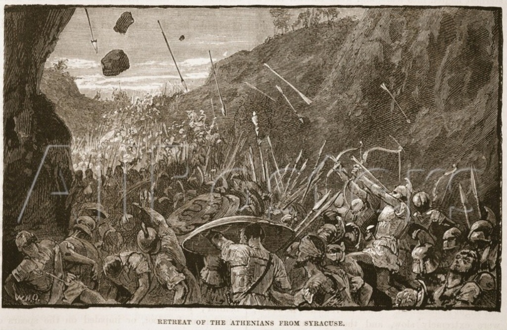 Athéňané ustupují před vojsky ze Syrakus. Přepokládá se, že toto téma by se objevilo ve třetím ztraceném dialogu. Zdroj obrázku:  English School, Public domain, via Wikimedia Commons