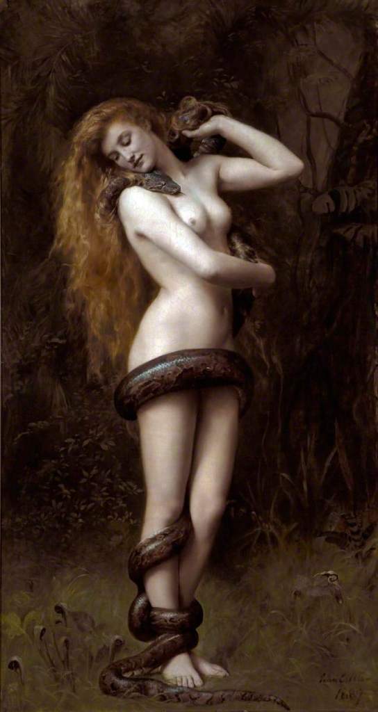 Lilith prý měla dlouhé vlasy a dobré znalosti v oboru herpetologie. Zdroj obrázku:  John Collier, Public domain, via Wikimedia Commons
