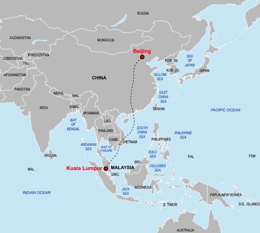 Mapa ukazující plánovanou trasu letu MH370. Václav Havel. FOTO: Weavereal / Creative Commons / CC BY-SA 4.0