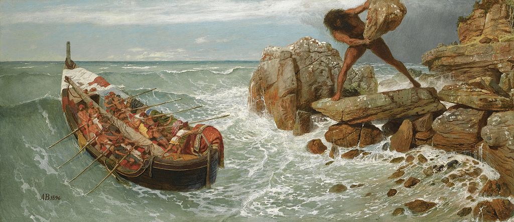 Pokud existoval Odysseus, zbývá ještě zjistit, jak daleko dokázal hodit kamenem obr Polyfémos. Zdroj obrázku:   Arnold Böcklin, Public domain, via Wikimedia Commons
