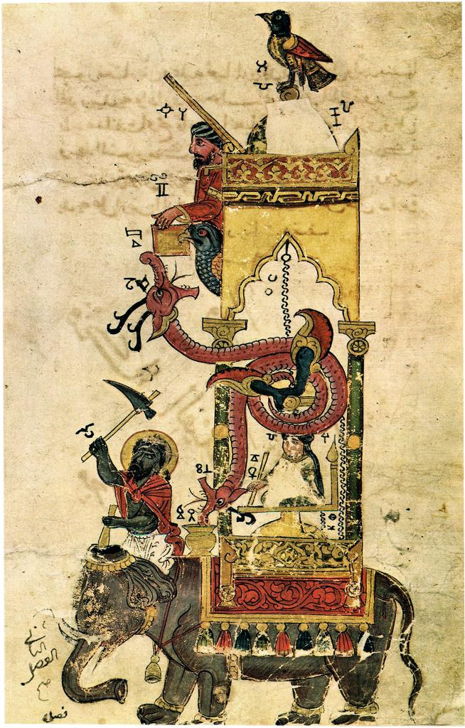 Sloní hodiny z dílny al-Jazariho byly variací vodních hodin. Zdroj obrázku:  Al-Jazari, Public domain, via Wikimedia Commons