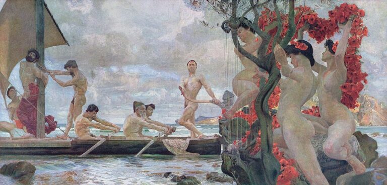 Setkání Odyssea a jeho druhů se Sirénami. Zdroj obrázku: Otto Greiner, Public domain, via Wikimedia Commons