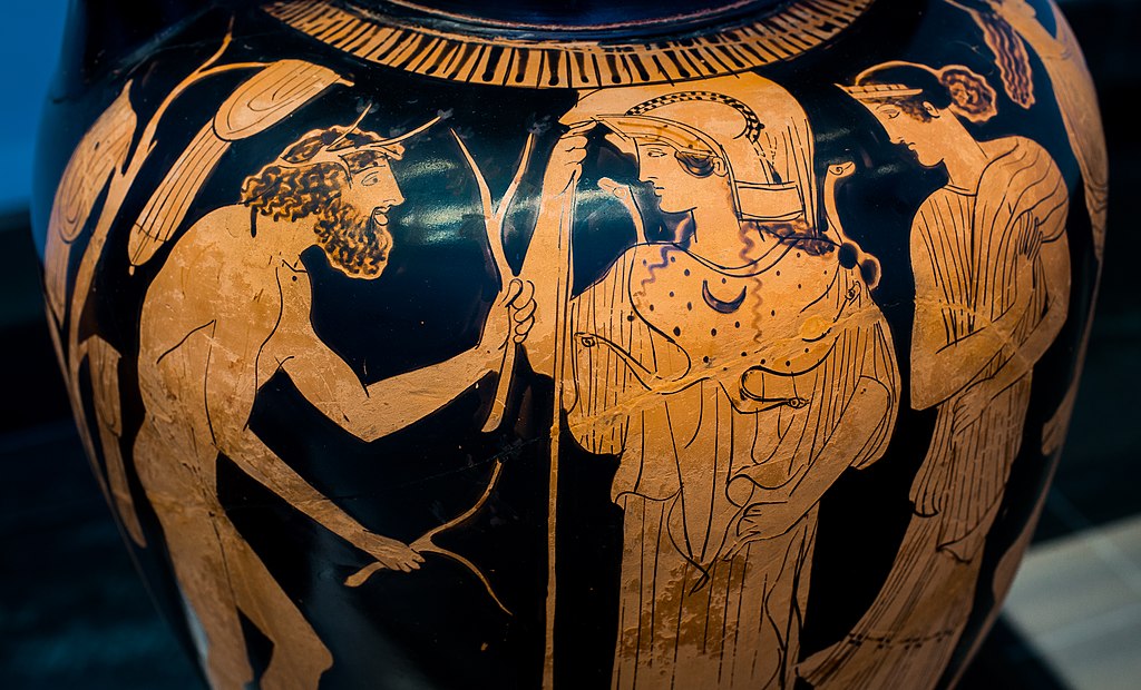 Odysseus  a princezna Nausikáa zobrazení na antické keramice. Zdroj obrázku:  ArchaiOptix, CC BY-SA 4.0 , via Wikimedia Commons