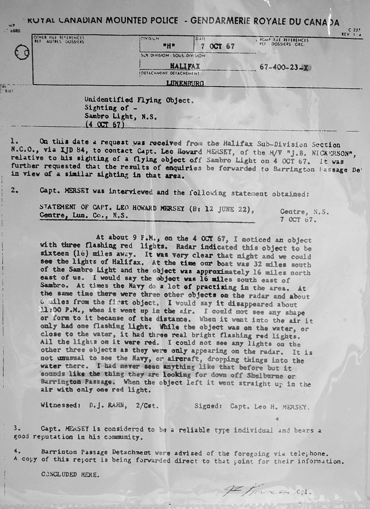 Jeden z úředních dokumentů Královské kanadské jízdní policie související s incidentem s UFO u přístavu Shag. Zdroj obrázku: Royal Canadian Mounted Police, Public domain, via Wikimedia Commons