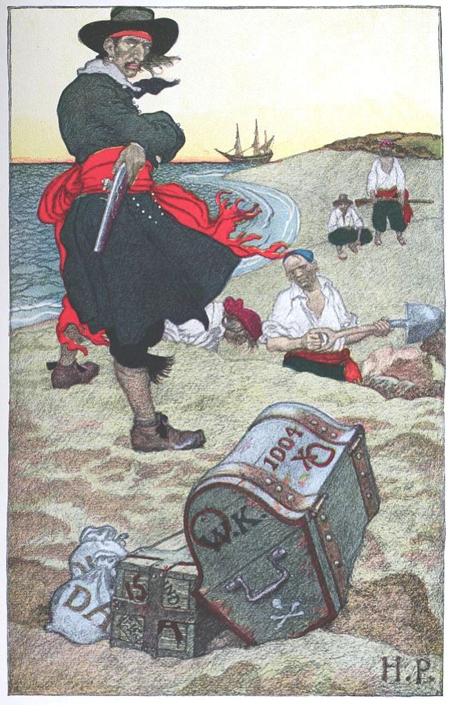 Pirát William Kidd ukrývá naloupené cennosti. Zdroj obrázku: Howard Pyle, Public domain, via Wikimedia Commons