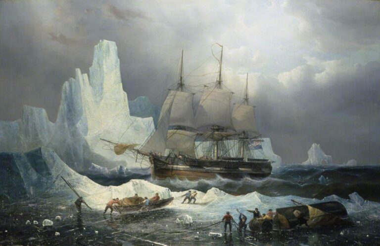 HMS Erebus obklopen ledem. V letech 1839–1843 byla součástí Rossovy výpravy na Antarktidu, při průzkumu Arktidy se na ní o dva roky později plavil sir John Franklin, který se tam vydal hledat Severozápadní průjezd spojující Atlantský a Tichý oceán. Při této výpravě byla ztracena a její vrak byl objeven až po téměř 170 letech v září 2014. Foto: Creative commons - volné dílo